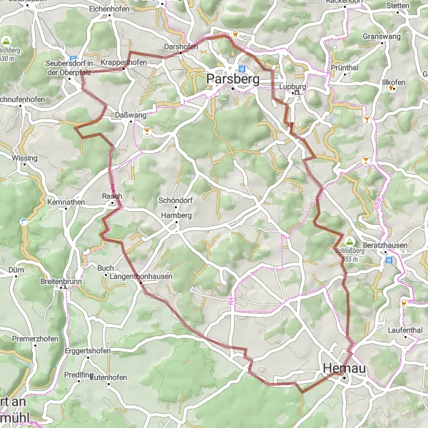 Karten-Miniaturansicht der Radinspiration "Gemütliche Gravelrunde durch die Natur" in Oberpfalz, Germany. Erstellt vom Tarmacs.app-Routenplaner für Radtouren