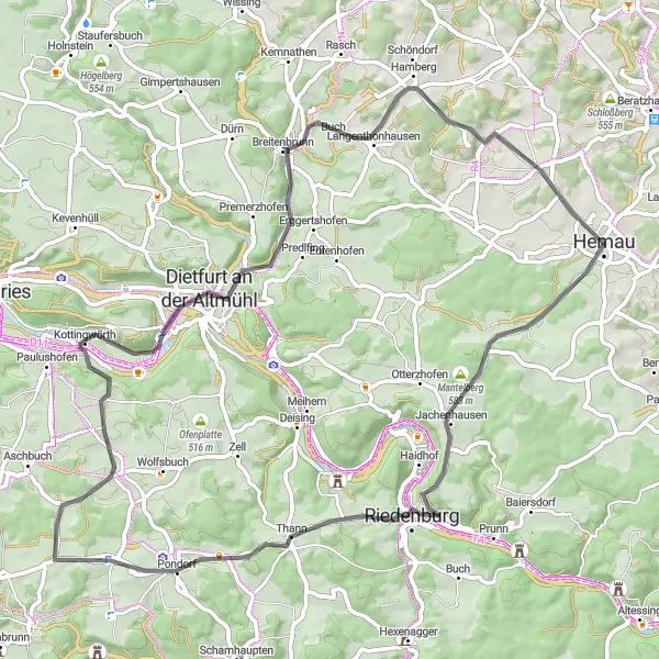 Karten-Miniaturansicht der Radinspiration "Radtour um Hemau" in Oberpfalz, Germany. Erstellt vom Tarmacs.app-Routenplaner für Radtouren