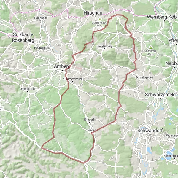 Karten-Miniaturansicht der Radinspiration "Hohenburg Rundweg durch idyllische Dörfer" in Oberpfalz, Germany. Erstellt vom Tarmacs.app-Routenplaner für Radtouren