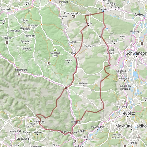 Karten-Miniaturansicht der Radinspiration "Gravelroute über Bergkreuz Gmaisberg und Pottenstetten" in Oberpfalz, Germany. Erstellt vom Tarmacs.app-Routenplaner für Radtouren