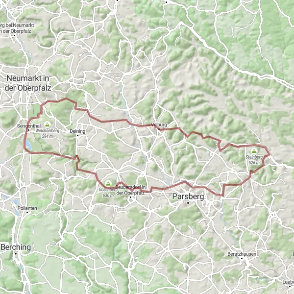 Map miniature of "Rugged Gravel Tour of Oberpfalz" cycling inspiration in Oberpfalz, Germany. Generated by Tarmacs.app cycling route planner