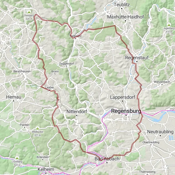 Karten-Miniaturansicht der Radinspiration "Gravelroute über Bergkreuz Gmaisberg und Burgruine Kallmünz" in Oberpfalz, Germany. Erstellt vom Tarmacs.app-Routenplaner für Radtouren