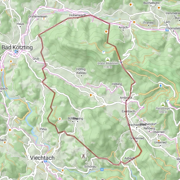 Map miniature of "Hohenwarth to Hohenwarth Gravel Route" cycling inspiration in Oberpfalz, Germany. Generated by Tarmacs.app cycling route planner