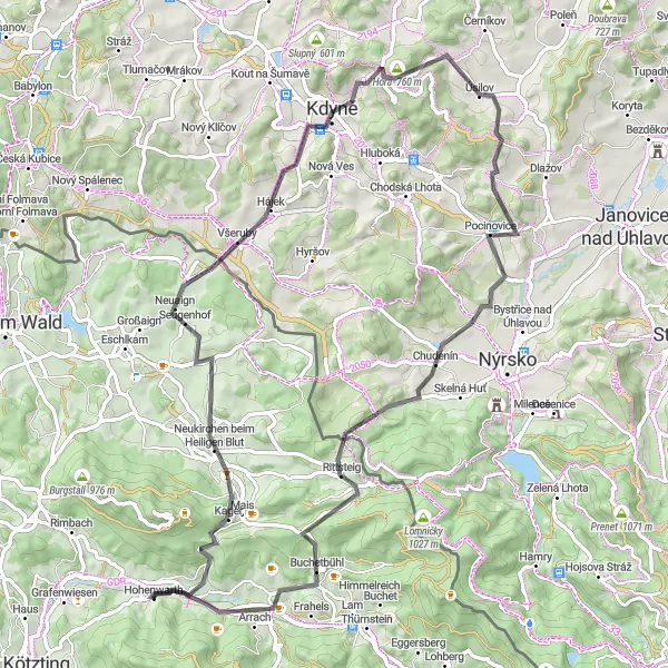 Map miniature of "Hohenwarth to Arrach Road Adventure" cycling inspiration in Oberpfalz, Germany. Generated by Tarmacs.app cycling route planner