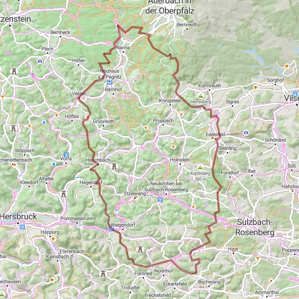 Karten-Miniaturansicht der Radinspiration "Hügelige Naturrunde durch die Oberpfalz" in Oberpfalz, Germany. Erstellt vom Tarmacs.app-Routenplaner für Radtouren