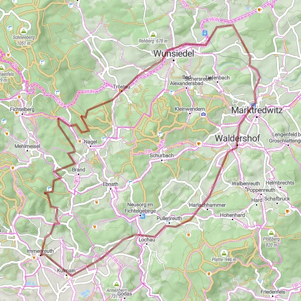 Map miniature of "Gravel Adventure near Immenreuth" cycling inspiration in Oberpfalz, Germany. Generated by Tarmacs.app cycling route planner