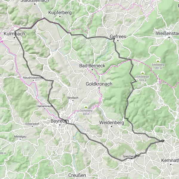 Karten-Miniaturansicht der Radinspiration "Bayreuth und Kulmbach Rundtour" in Oberpfalz, Germany. Erstellt vom Tarmacs.app-Routenplaner für Radtouren