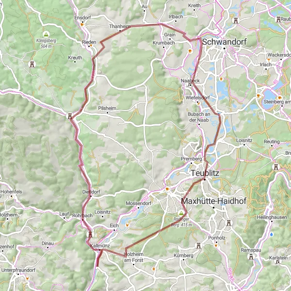 Map miniature of "Adventurous Gravel Ride from Kallmünz" cycling inspiration in Oberpfalz, Germany. Generated by Tarmacs.app cycling route planner