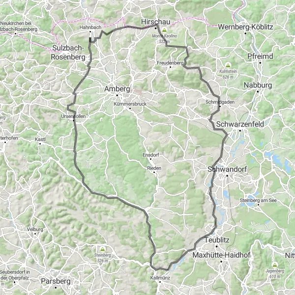 Map miniature of "Kallmünz Mountain Challenge" cycling inspiration in Oberpfalz, Germany. Generated by Tarmacs.app cycling route planner