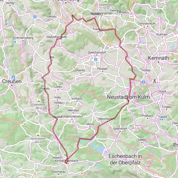 Map miniature of "Seybothenreuth Gravel Loop" cycling inspiration in Oberpfalz, Germany. Generated by Tarmacs.app cycling route planner