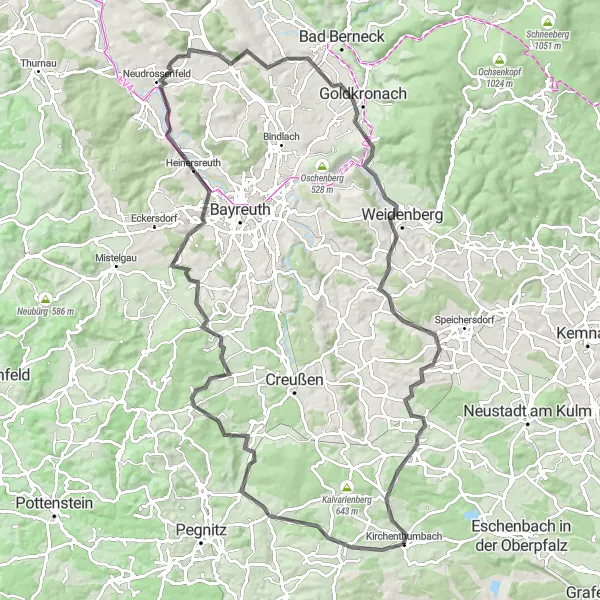 Map miniature of "Kirchenthumbach Road Challenge" cycling inspiration in Oberpfalz, Germany. Generated by Tarmacs.app cycling route planner
