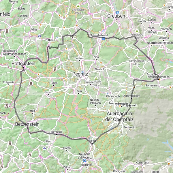 Map miniature of "Exploring Auerbach in der Oberpfalz" cycling inspiration in Oberpfalz, Germany. Generated by Tarmacs.app cycling route planner