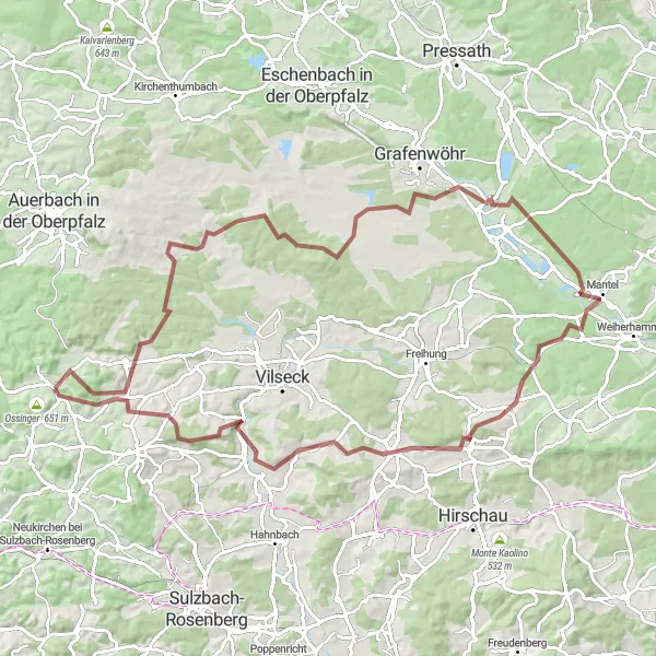 Map miniature of "Charming Gravel Trails of Oberpfalz" cycling inspiration in Oberpfalz, Germany. Generated by Tarmacs.app cycling route planner