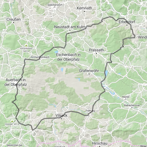 Map miniature of "Hills and Valleys Exploration" cycling inspiration in Oberpfalz, Germany. Generated by Tarmacs.app cycling route planner