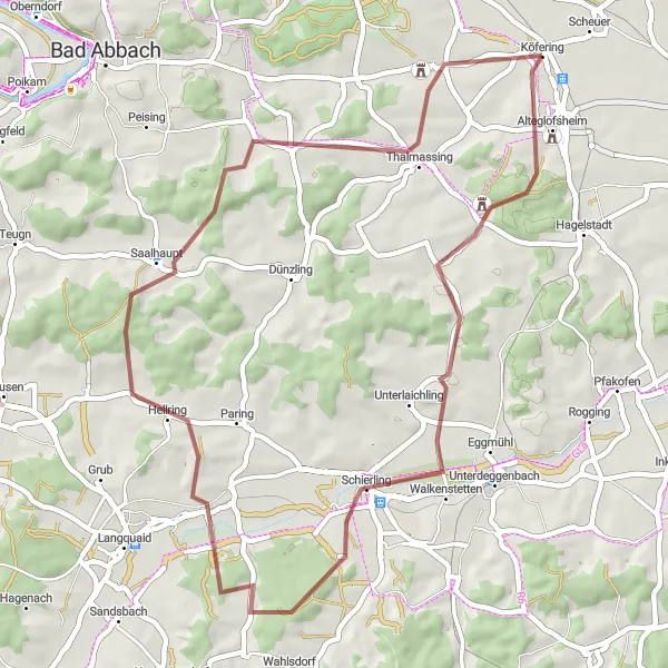 Karten-Miniaturansicht der Radinspiration "Gravelabenteuer um Köfering" in Oberpfalz, Germany. Erstellt vom Tarmacs.app-Routenplaner für Radtouren