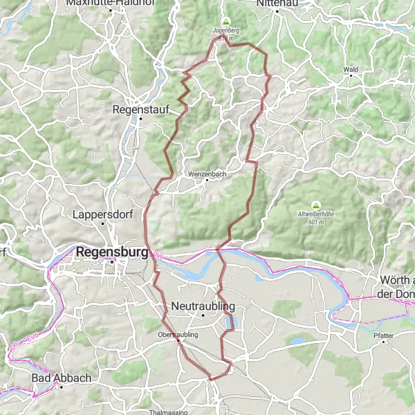 Karten-Miniaturansicht der Radinspiration "Rund um Köfering und Donaustauf" in Oberpfalz, Germany. Erstellt vom Tarmacs.app-Routenplaner für Radtouren