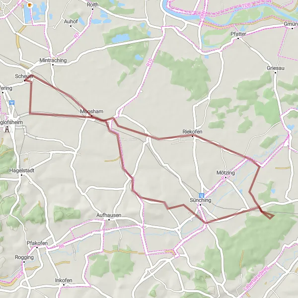 Karten-Miniaturansicht der Radinspiration "Riekofen und Sünching Rundweg" in Oberpfalz, Germany. Erstellt vom Tarmacs.app-Routenplaner für Radtouren