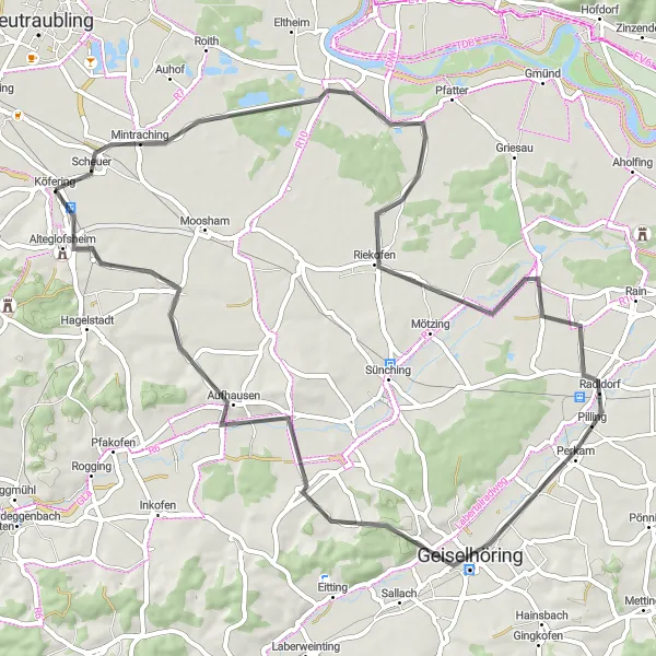 Map miniature of "Mintraching and River Laber Valley" cycling inspiration in Oberpfalz, Germany. Generated by Tarmacs.app cycling route planner