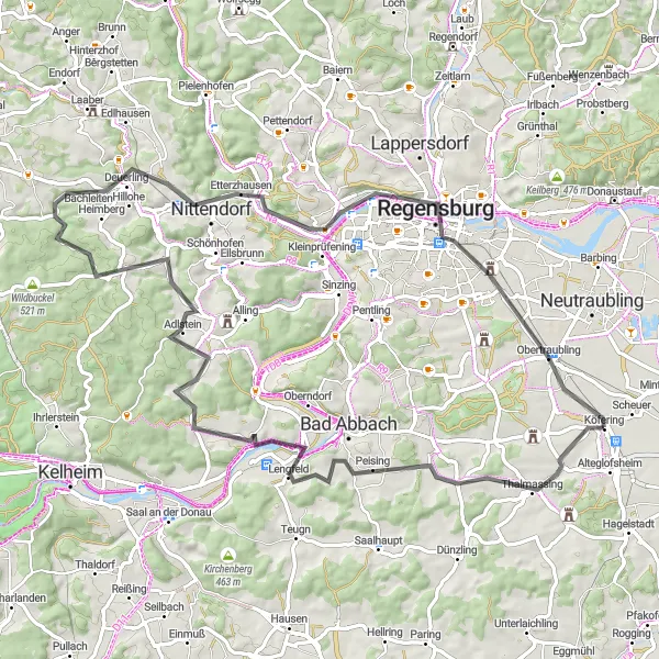 Karten-Miniaturansicht der Radinspiration "Regensburg Rundfahrt" in Oberpfalz, Germany. Erstellt vom Tarmacs.app-Routenplaner für Radtouren