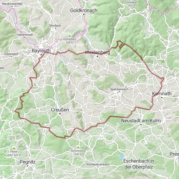 Map miniature of "Gravel Adventure: Kulmain-Kemnath Round Trip" cycling inspiration in Oberpfalz, Germany. Generated by Tarmacs.app cycling route planner