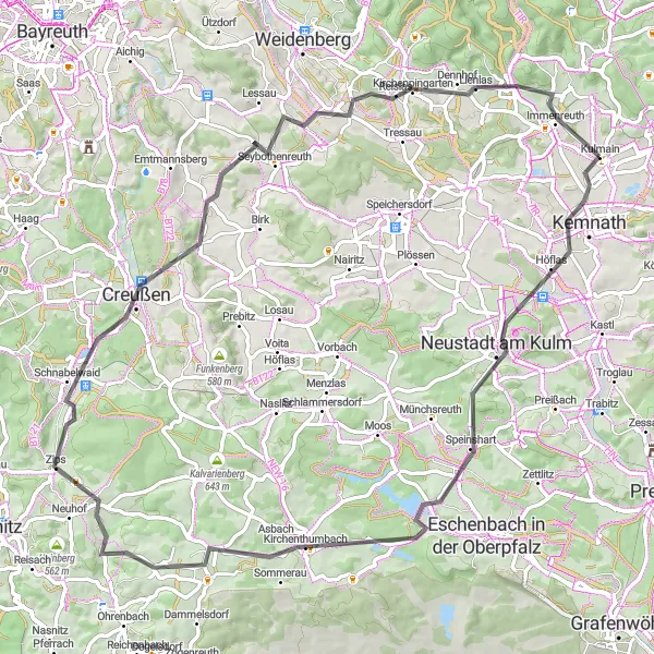 Map miniature of "Rolling Hills: Kulmain-Immenreuth Round Trip" cycling inspiration in Oberpfalz, Germany. Generated by Tarmacs.app cycling route planner