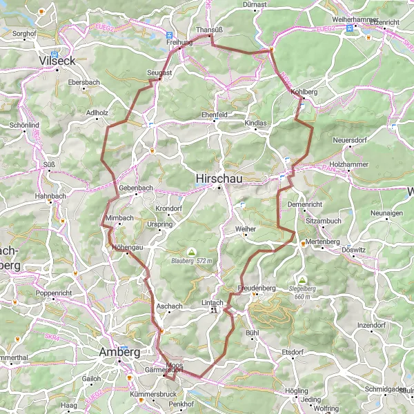 Map miniature of "Gärmersdorf Loop" cycling inspiration in Oberpfalz, Germany. Generated by Tarmacs.app cycling route planner