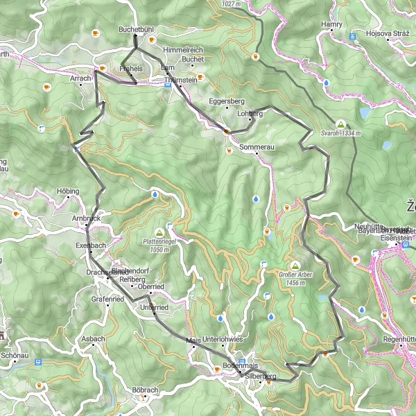 Karten-Miniaturansicht der Radinspiration "Hügeliges Straßenradfahren um Lam" in Oberpfalz, Germany. Erstellt vom Tarmacs.app-Routenplaner für Radtouren