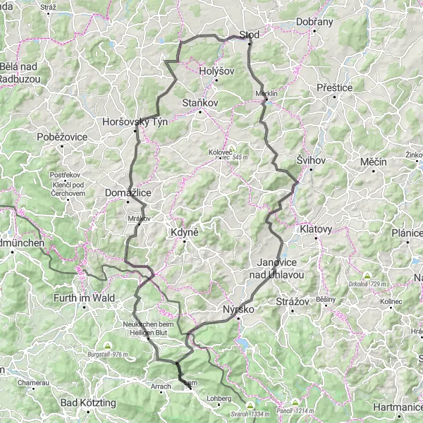 Map miniature of "The Bohemian Journey" cycling inspiration in Oberpfalz, Germany. Generated by Tarmacs.app cycling route planner