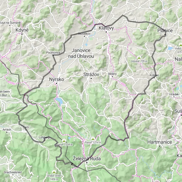 Map miniature of "The Bohemian Forest Loop" cycling inspiration in Oberpfalz, Germany. Generated by Tarmacs.app cycling route planner