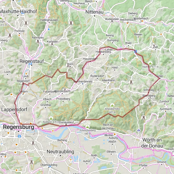 Karten-Miniaturansicht der Radinspiration "Gravelabenteuer um Lappersdorf" in Oberpfalz, Germany. Erstellt vom Tarmacs.app-Routenplaner für Radtouren