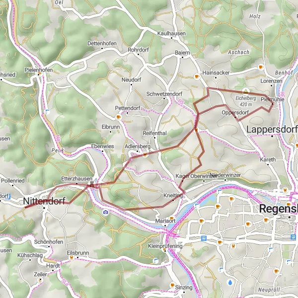 Karten-Miniaturansicht der Radinspiration "Kurz und Steil bei Lappersdorf" in Oberpfalz, Germany. Erstellt vom Tarmacs.app-Routenplaner für Radtouren