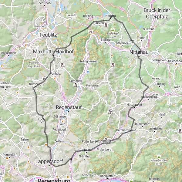 Map miniature of "Brückelberg Adventure" cycling inspiration in Oberpfalz, Germany. Generated by Tarmacs.app cycling route planner