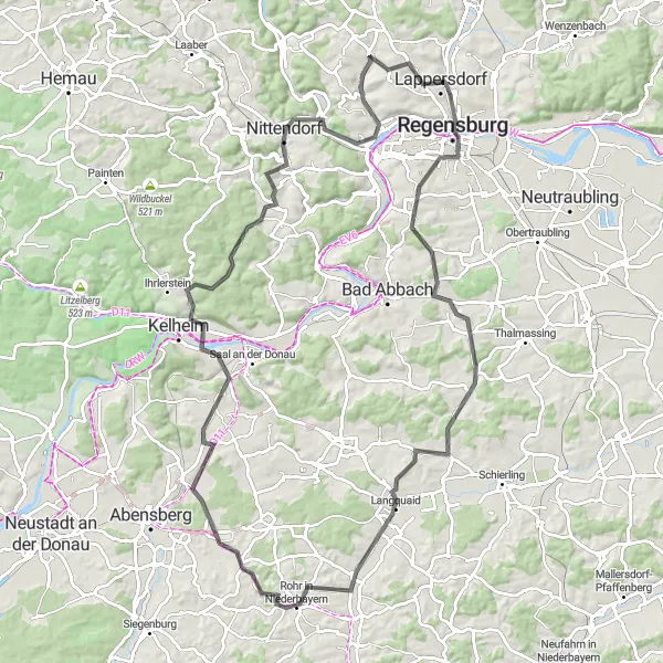 Karten-Miniaturansicht der Radinspiration "Herausfordernde Strecke durch das Donautal" in Oberpfalz, Germany. Erstellt vom Tarmacs.app-Routenplaner für Radtouren