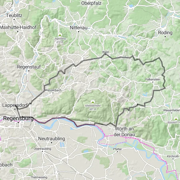 Map miniature of "The Danube Loop" cycling inspiration in Oberpfalz, Germany. Generated by Tarmacs.app cycling route planner