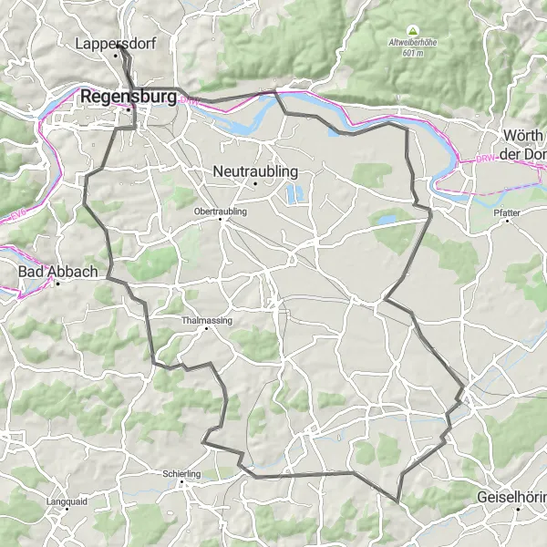 Karten-Miniaturansicht der Radinspiration "Rund um Lappersdorf auf der Straße" in Oberpfalz, Germany. Erstellt vom Tarmacs.app-Routenplaner für Radtouren