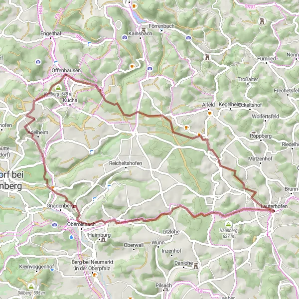 Map miniature of "Gravel Frenzy through Haunberg and Gebertshofen" cycling inspiration in Oberpfalz, Germany. Generated by Tarmacs.app cycling route planner