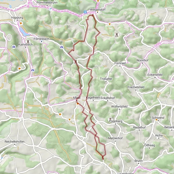 Karten-Miniaturansicht der Radinspiration "Rauf und runter - Gravel-Erlebnis in Lauterhofen" in Oberpfalz, Germany. Erstellt vom Tarmacs.app-Routenplaner für Radtouren