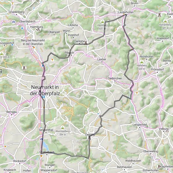 Map miniature of "Around Lauterhofen: Nature and History" cycling inspiration in Oberpfalz, Germany. Generated by Tarmacs.app cycling route planner