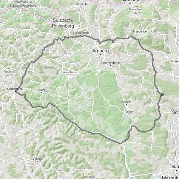 Map miniature of "Mountain Passes and Scenic Vistas" cycling inspiration in Oberpfalz, Germany. Generated by Tarmacs.app cycling route planner