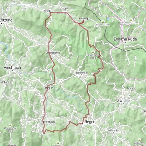 Map miniature of "Challenging Gravel Route Exploring Großer Arber, Drachselsried, and Silberberg" cycling inspiration in Oberpfalz, Germany. Generated by Tarmacs.app cycling route planner