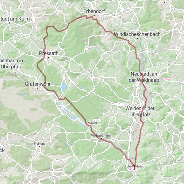 Map miniature of "Weiherhammer to Erbendorf Scenic Gravel Ride" cycling inspiration in Oberpfalz, Germany. Generated by Tarmacs.app cycling route planner