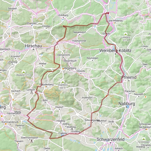 Map miniature of "Wernberg-Köblitz to Bergel Gravel Adventure" cycling inspiration in Oberpfalz, Germany. Generated by Tarmacs.app cycling route planner