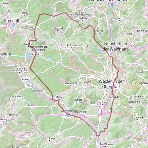 Karten-Miniaturansicht der Radinspiration "Entspannte Gravelrunde Etzenricht - Weiden in der Oberpfalz" in Oberpfalz, Germany. Erstellt vom Tarmacs.app-Routenplaner für Radtouren