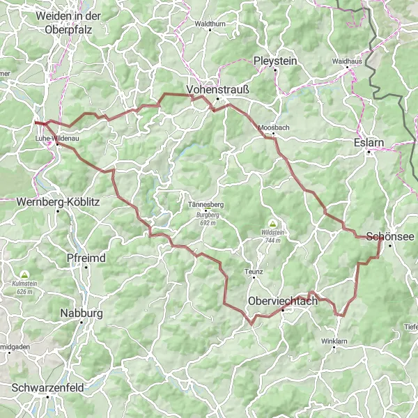 Map miniature of "Richtbühl to Luhe-Wildenau Gravel Expedition" cycling inspiration in Oberpfalz, Germany. Generated by Tarmacs.app cycling route planner