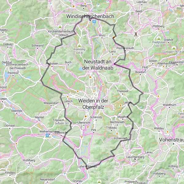 Karten-Miniaturansicht der Radinspiration "Grenzenlose Naturerlebnisse" in Oberpfalz, Germany. Erstellt vom Tarmacs.app-Routenplaner für Radtouren