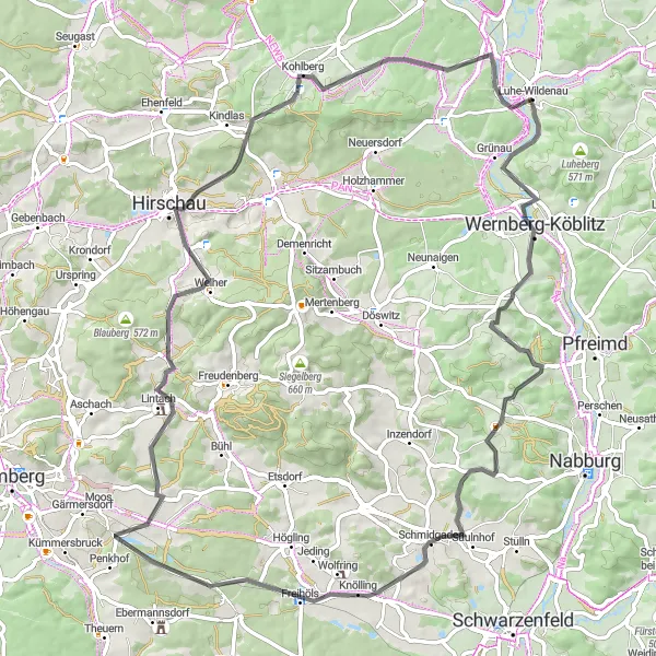 Karten-Miniaturansicht der Radinspiration "Hügelland Rundtour" in Oberpfalz, Germany. Erstellt vom Tarmacs.app-Routenplaner für Radtouren