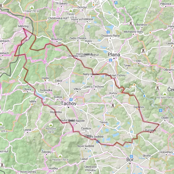 Map miniature of "Chodský Újezd Adventure" cycling inspiration in Oberpfalz, Germany. Generated by Tarmacs.app cycling route planner