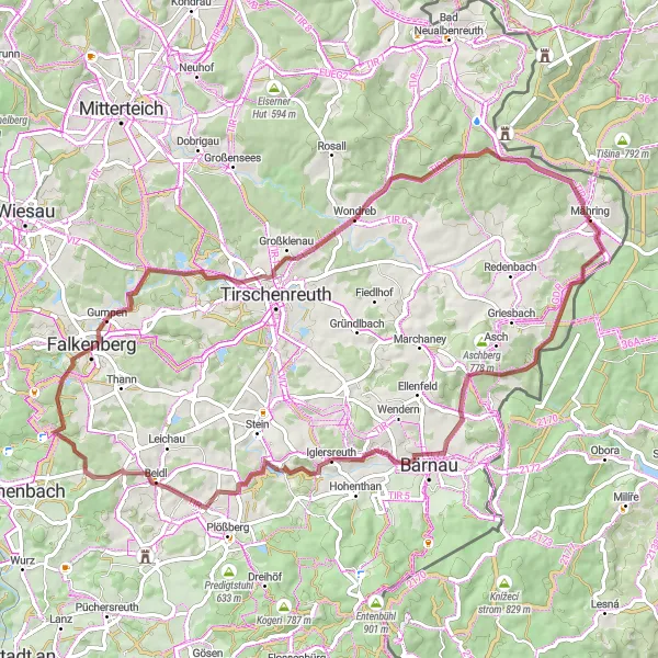 Map miniature of "Gravel Cycling Tour: Mähring Loop" cycling inspiration in Oberpfalz, Germany. Generated by Tarmacs.app cycling route planner