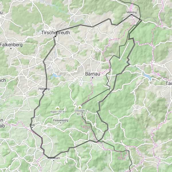 Map miniature of "The Scenic Road Adventure" cycling inspiration in Oberpfalz, Germany. Generated by Tarmacs.app cycling route planner