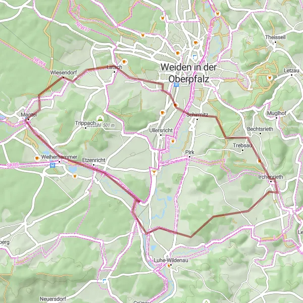 Map miniature of "Scenic Gravel Loop around Mantel" cycling inspiration in Oberpfalz, Germany. Generated by Tarmacs.app cycling route planner